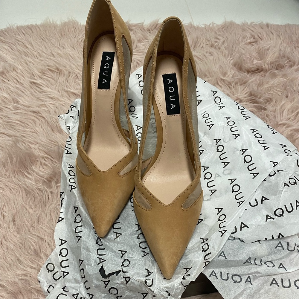 New tan suede Aqua 4” heels with mesh sides
